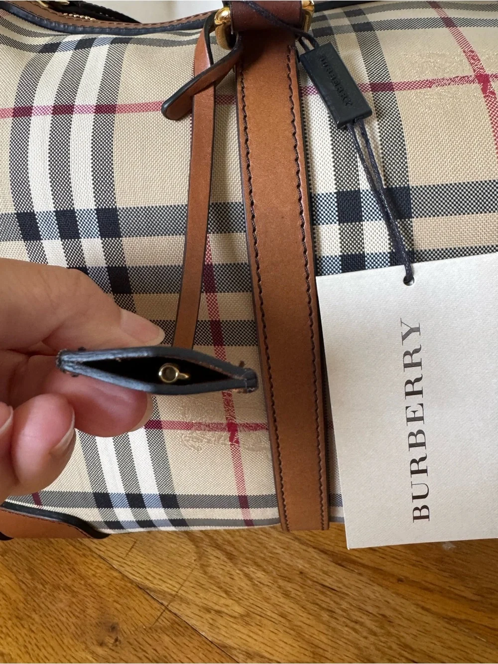 Burberry Beige Vintage Check Large Duffel with Brown Leather Trim
